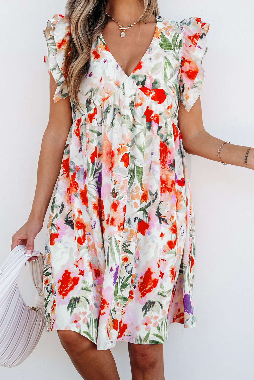 Antigua Watercolor Floral V Neck Mini Dress