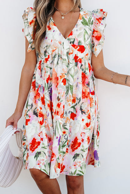 Antigua Watercolor Floral V Neck Mini Dress