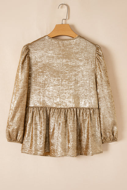 Golden Metallic Ribbon Front Baby Doll Blouse