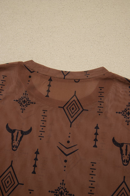 Western Nights Printed Mesh Long Sleeve Top