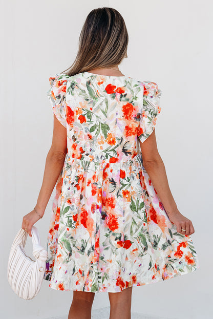Antigua Watercolor Floral V Neck Mini Dress