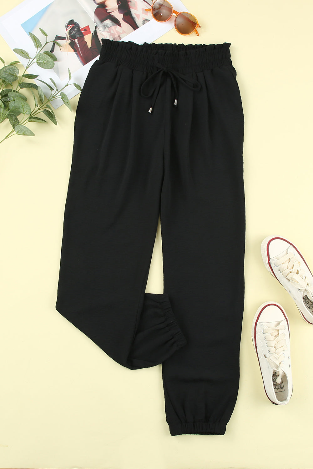 Black Solid Color Drawstring Smocked Waist Joggers