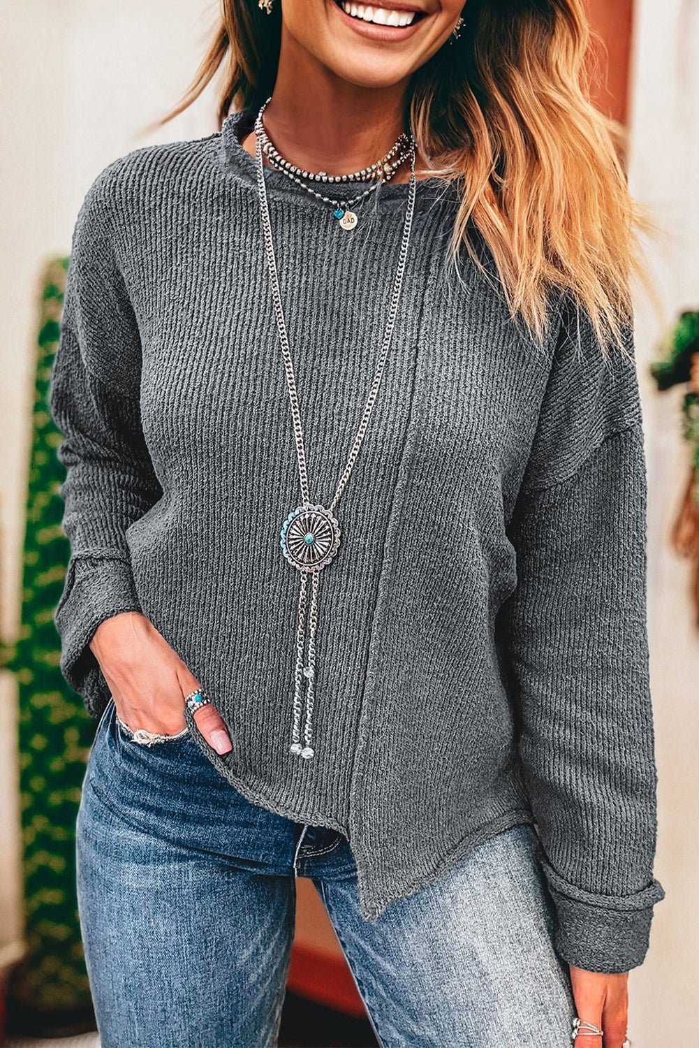 Lisa Raw Edge Uneven Drop Shoulder Sweater