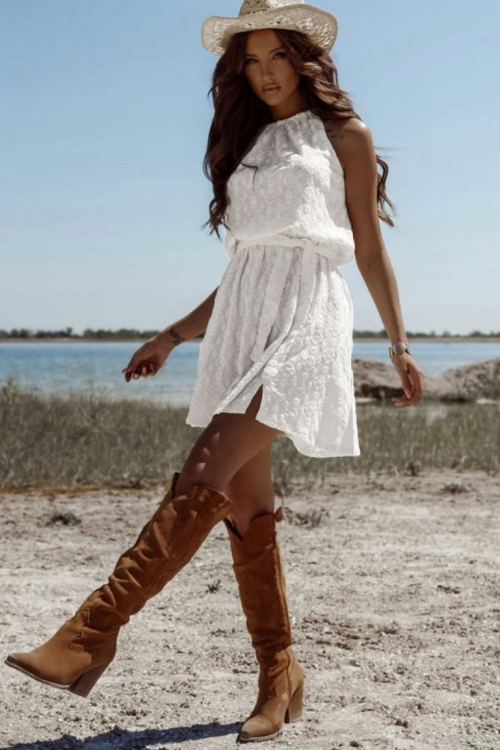 Evelyne Eyelet Halter Tie Waist Mini Dress