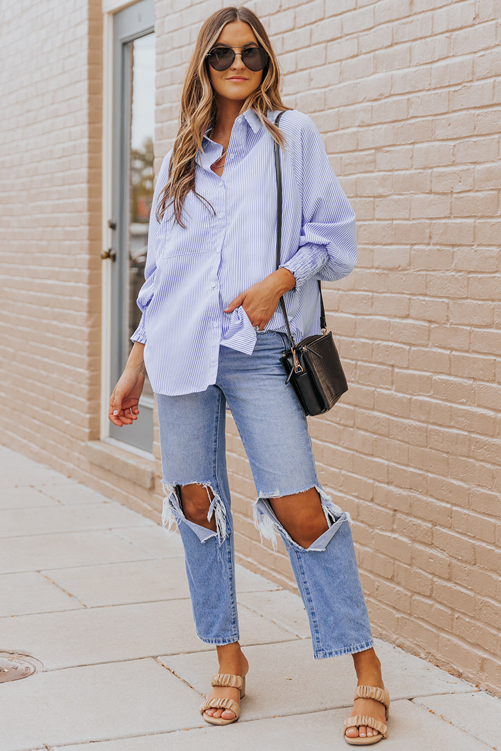 Sagamore Buttoned Striped Shirred Cuff Blouse