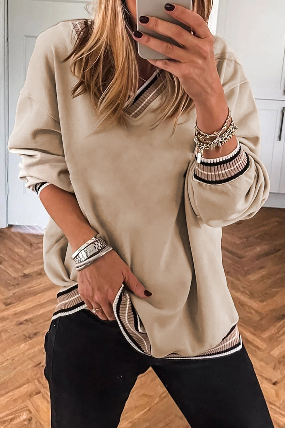 Kristen Varsity Contrast Trim V Neck Pullover