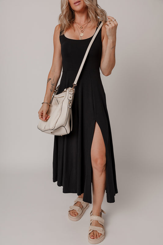 Seasonless Solid Slit Midi Dress