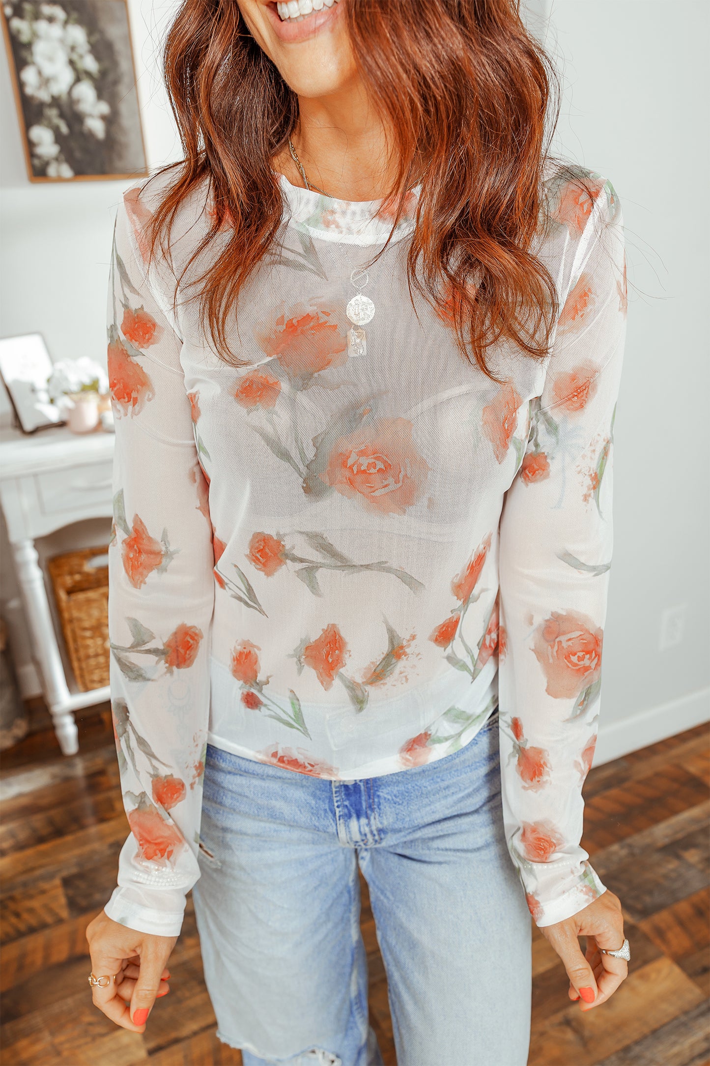 Spring Blossom Mesh Long Sleeve Top