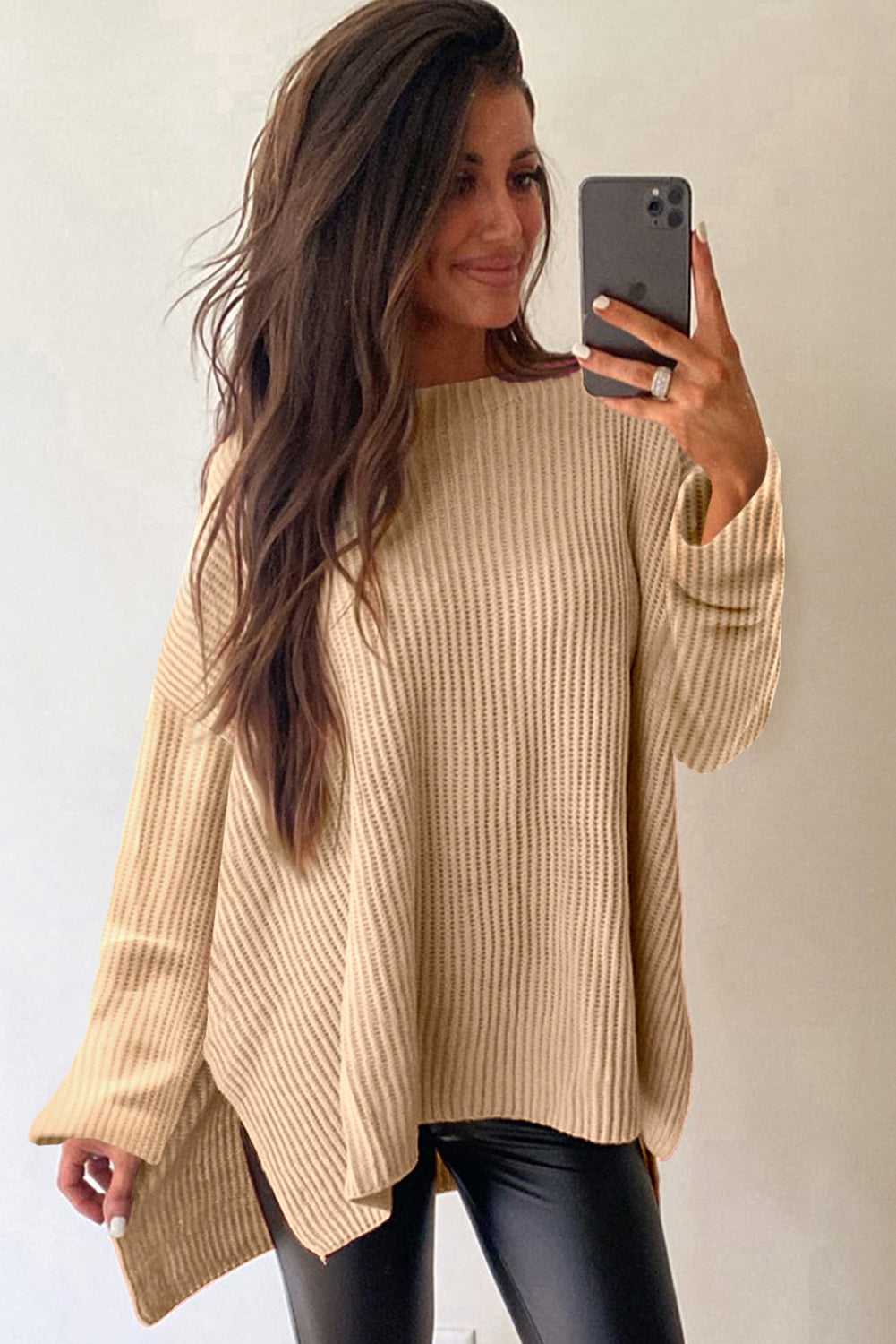 Apricot Drop Shoulder Side Slits Loose Sweater