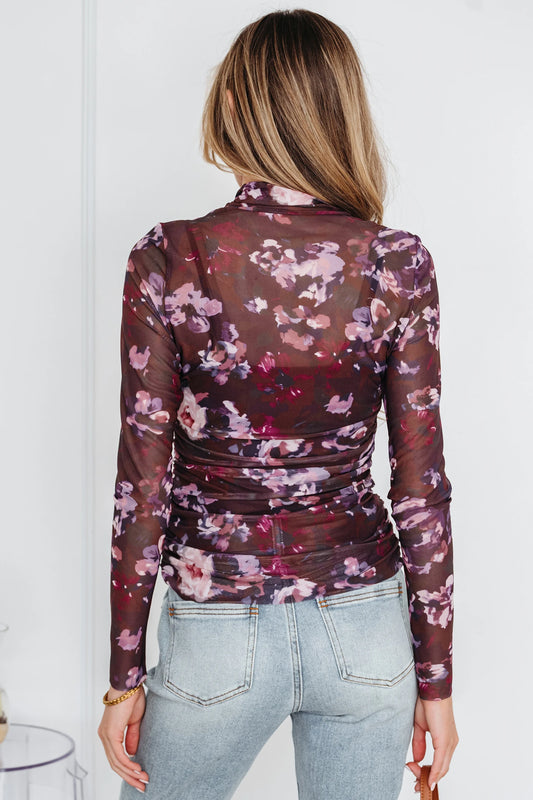 Amanda Mock Neck Ruched Floral Mesh Top