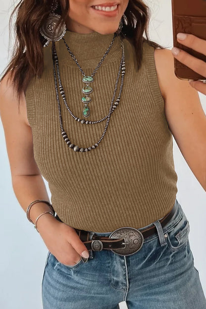 Diane Ribbed Turtle Neck Fitted Sleeveless Sweater