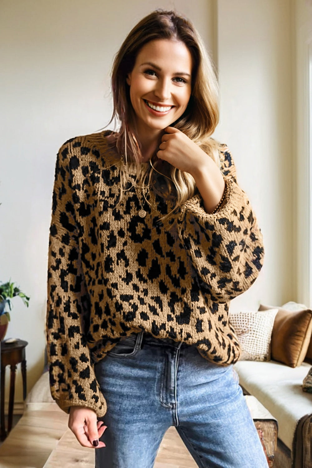Leopard Slouchy Drop Shoulder Sweater