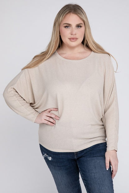 Curvy Ribbed Batwing Long Sleeve Boat Neck Sweater