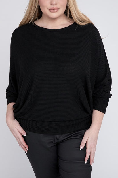 Curvy Ribbed Batwing Long Sleeve Boat Neck Sweater