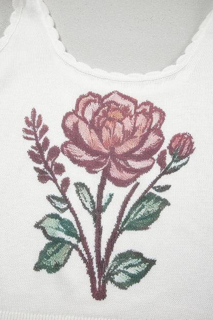 Retro Floral Print Scalloped Sleeveless Top