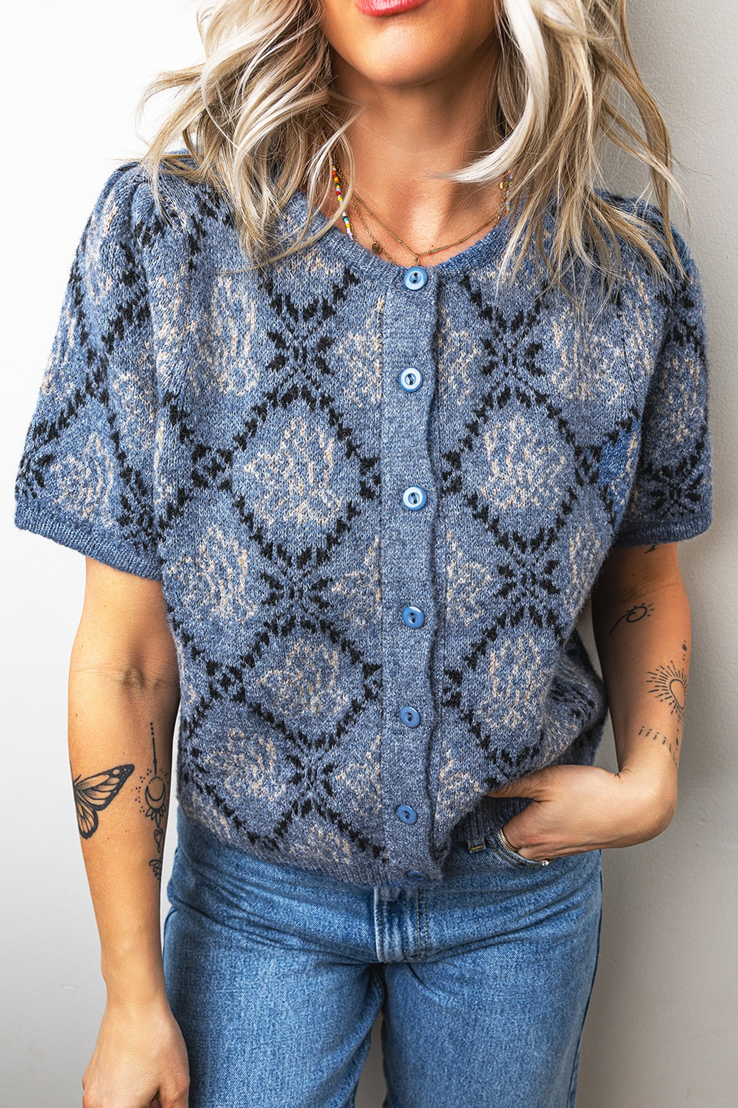 Modern Damask Print Button Down Cardigan