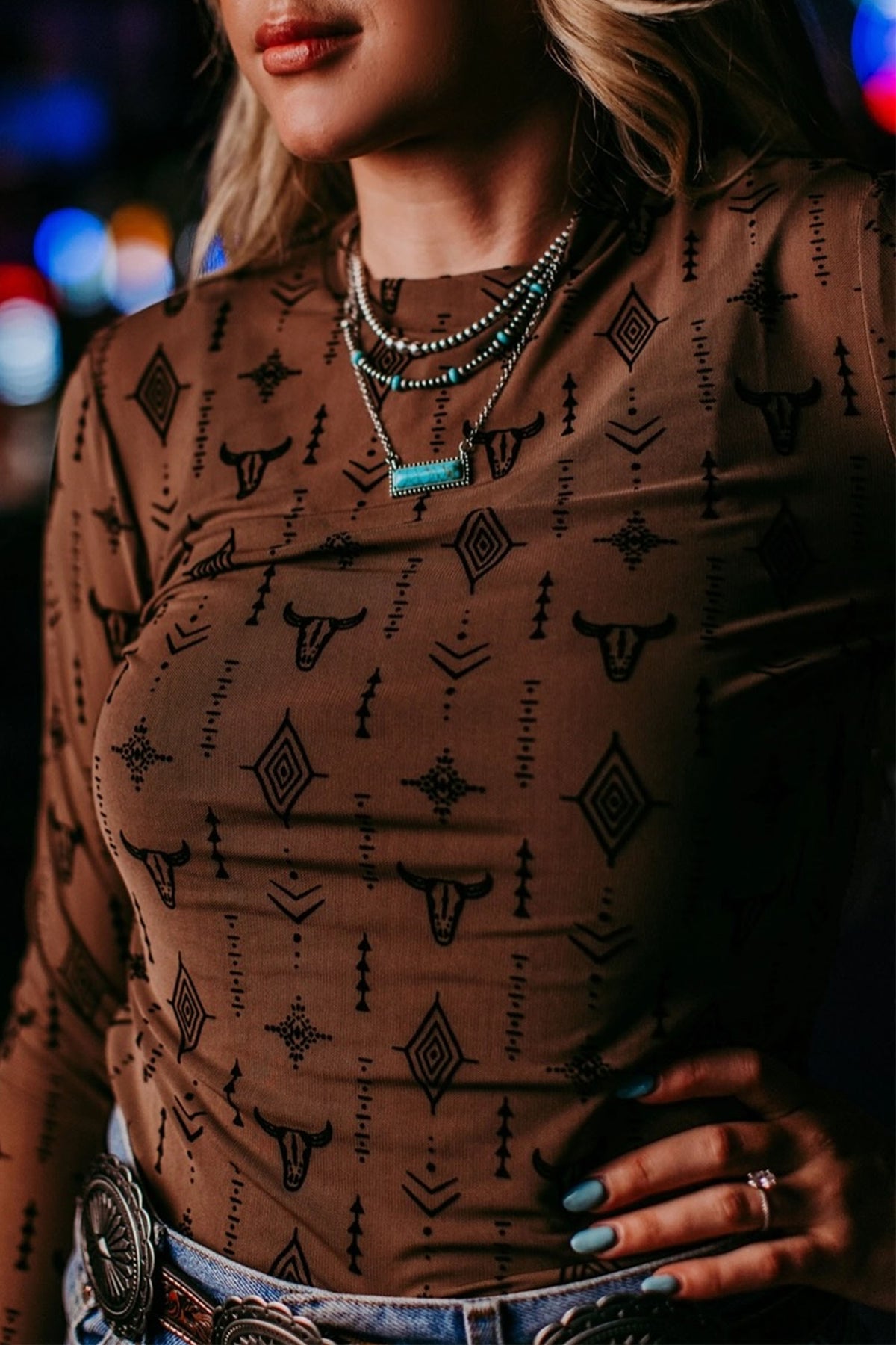 Western Nights Printed Mesh Long Sleeve Top
