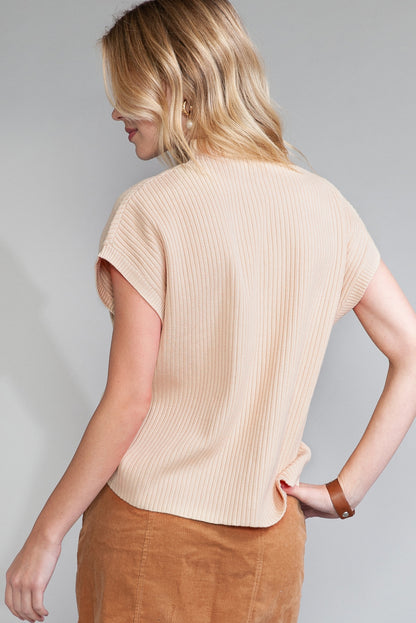 Front Patch Pocket Ribbed Knit Short Sleeve Sweater