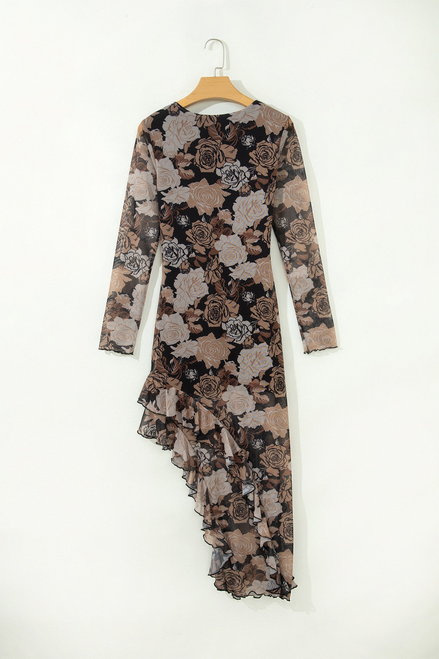 Emma Floral Long Sleeve Ruffle Slit Mesh Dress