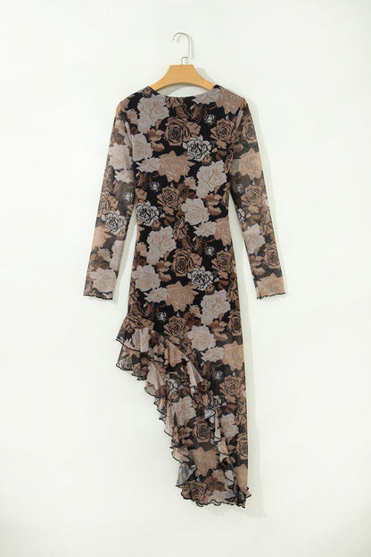 Emma Floral Long Sleeve Ruffle Slit Mesh Dress