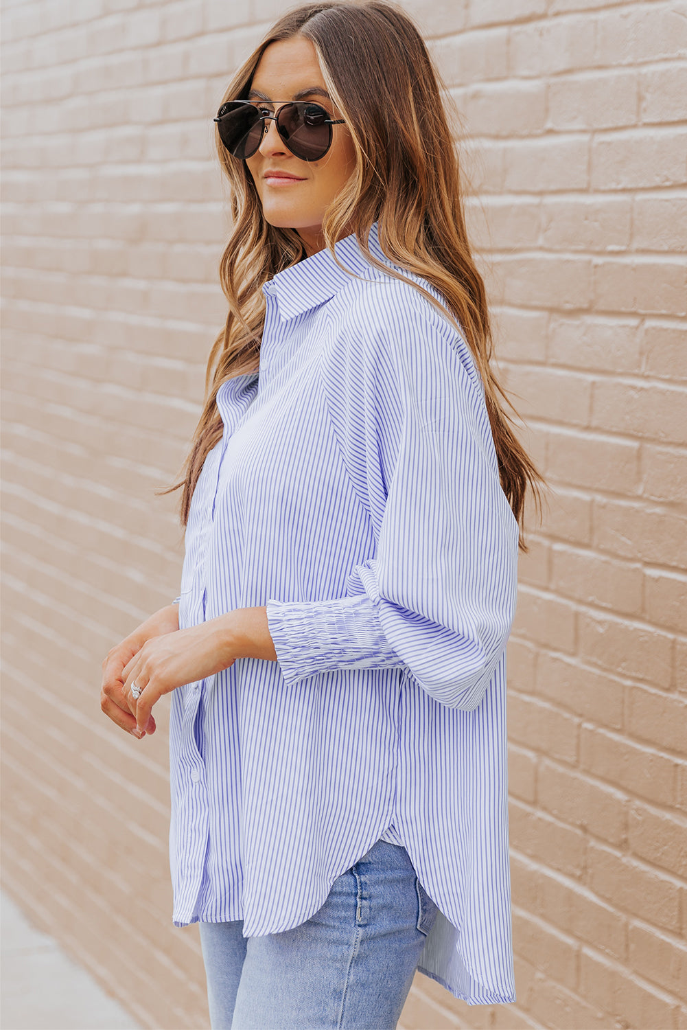 Sagamore Buttoned Striped Shirred Cuff Blouse