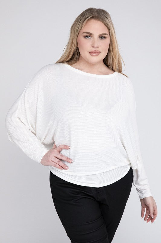 Curvy Ribbed Batwing Long Sleeve Boat Neck Sweater