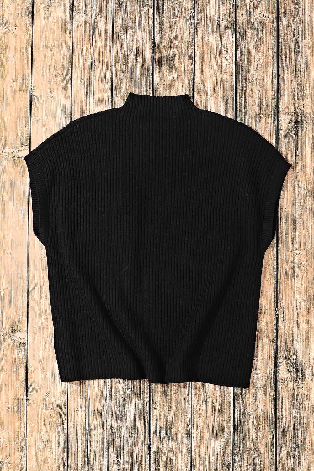 Front Patch Pocket Ribbed Knit Short Sleeve Sweater