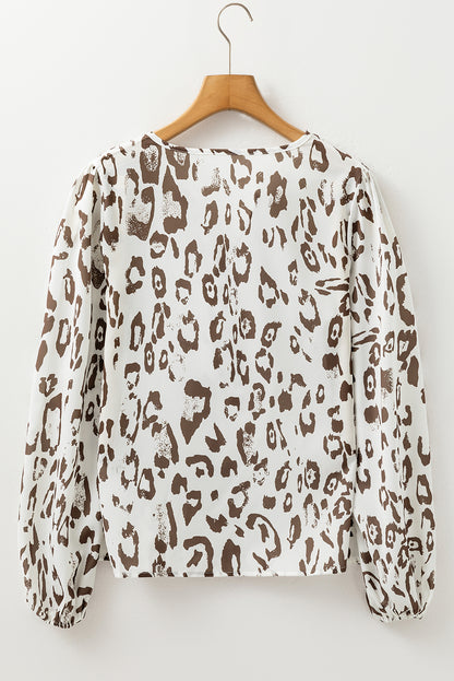 Brown Leopard Print Notched Balloon Sleeve Blouse