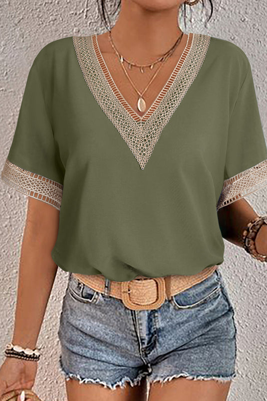 Shauna Lace Trim V Neck Short Sleeve Blouse