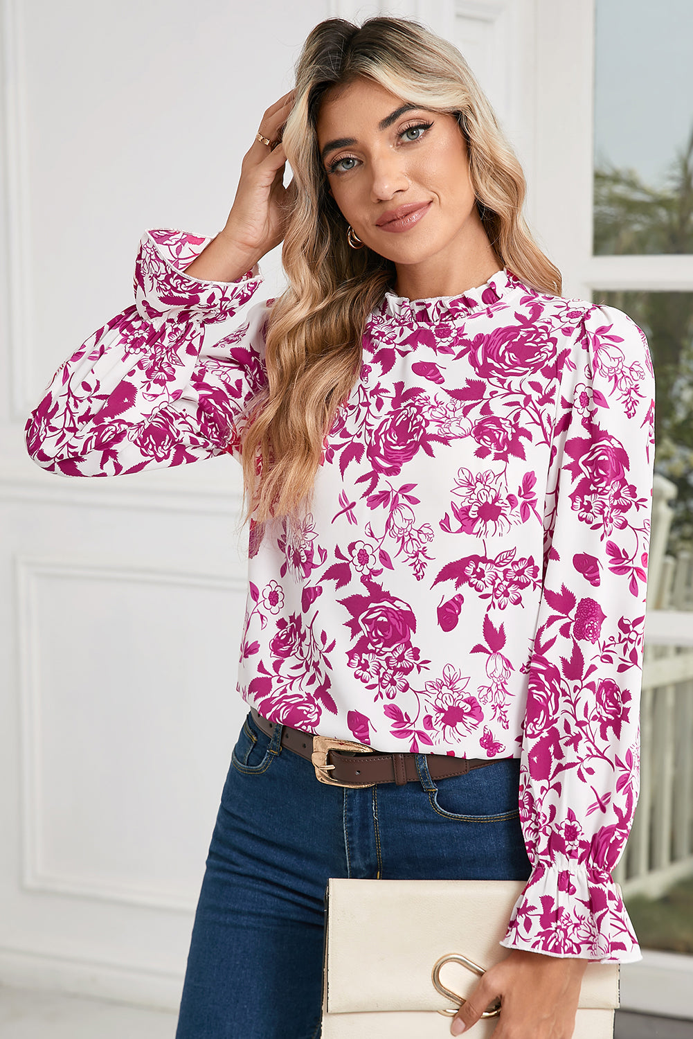 Floral Print Flounce Sleeve Keyhole Back Blouse