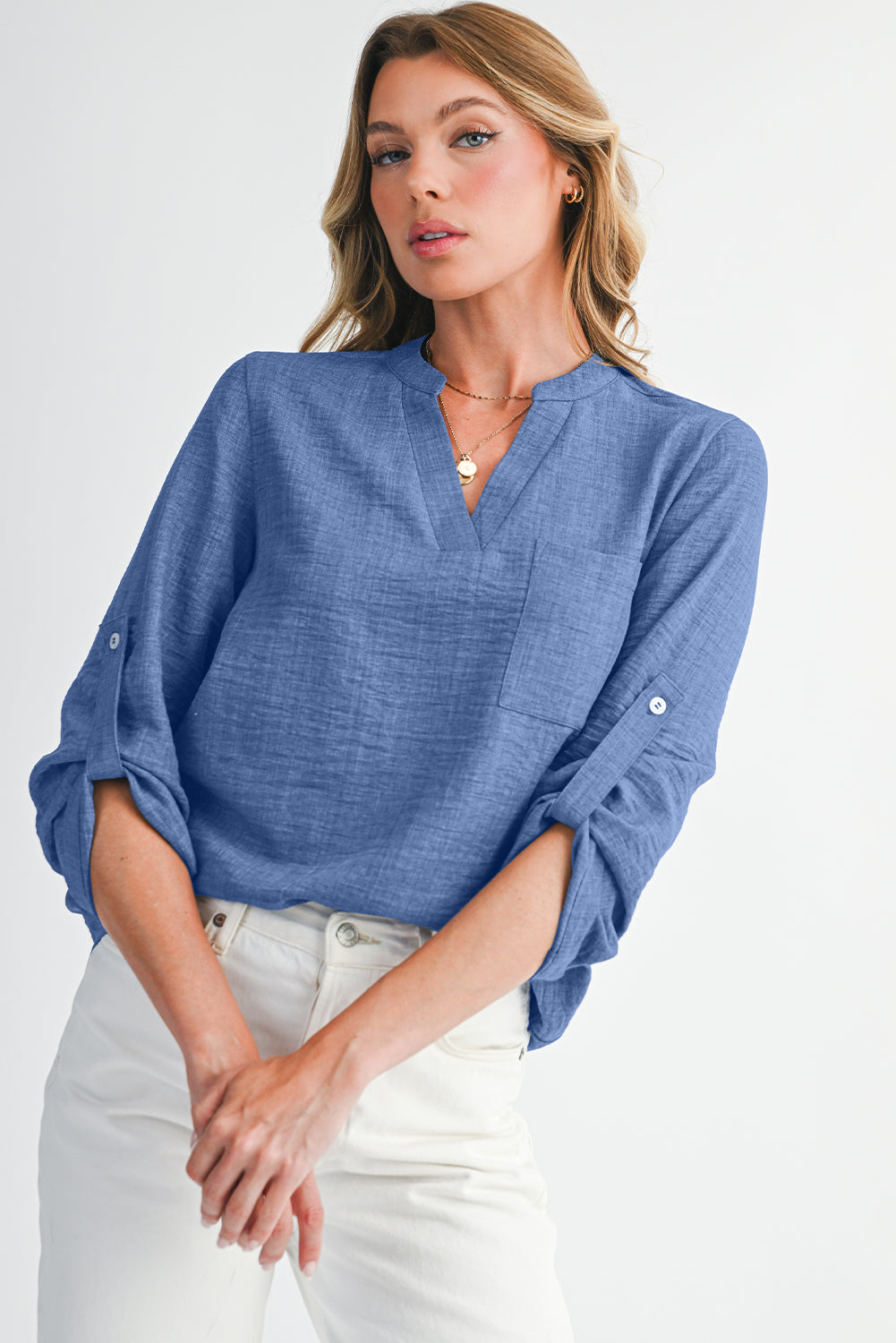 Ashley Chest Pocket Button Sleeve Top