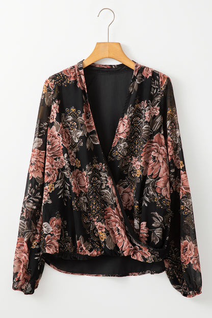 Glitter Accent Floral Surplice Blouse