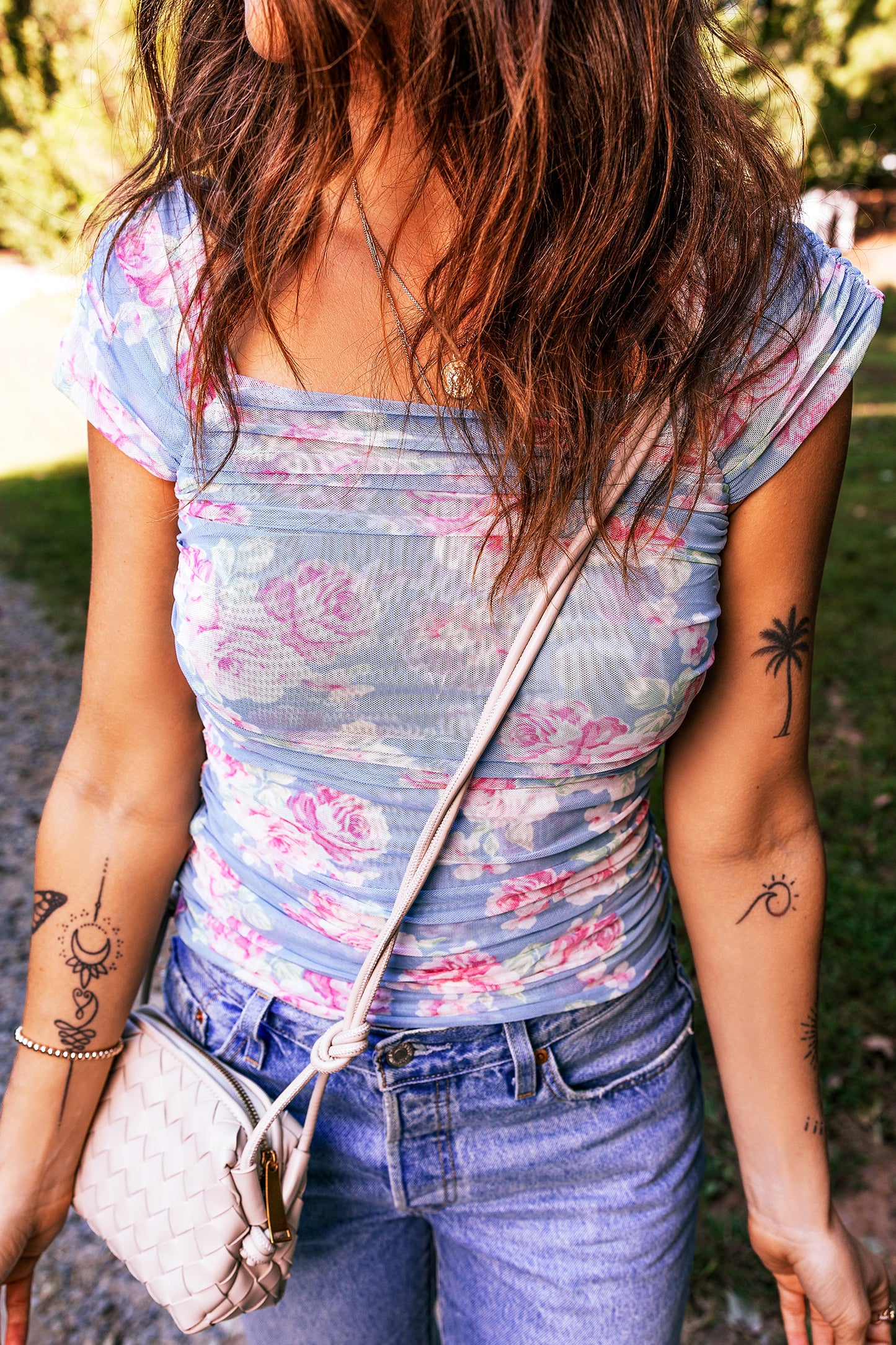 Audrina Pastel Cap Sleeve Ruched Mesh Top