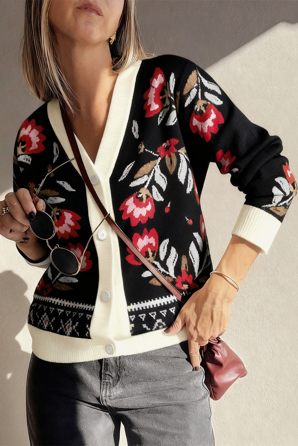 Vera Floral Print Contrast Trim Cardigan