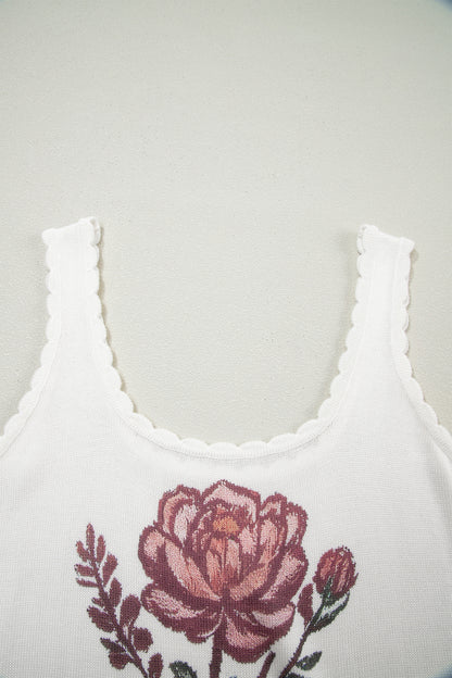 Retro Floral Print Scalloped Sleeveless Top