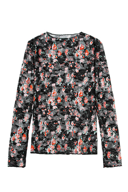 Black Floral Mesh Sheer Long Sleeve Top