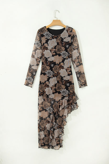 Emma Floral Long Sleeve Ruffle Slit Mesh Dress