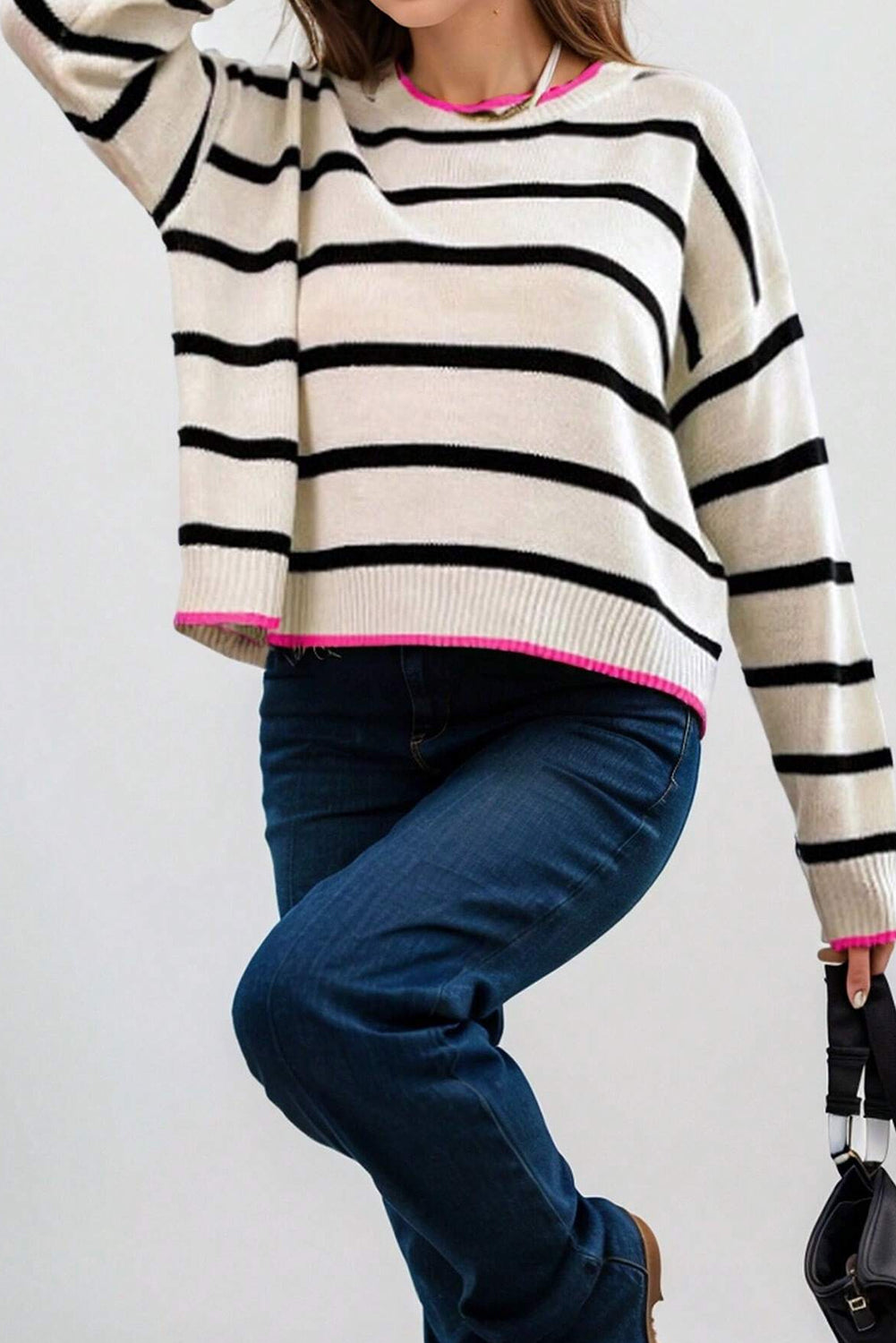 Roni Striped Contrast Trim Drop Shoulder Sweater