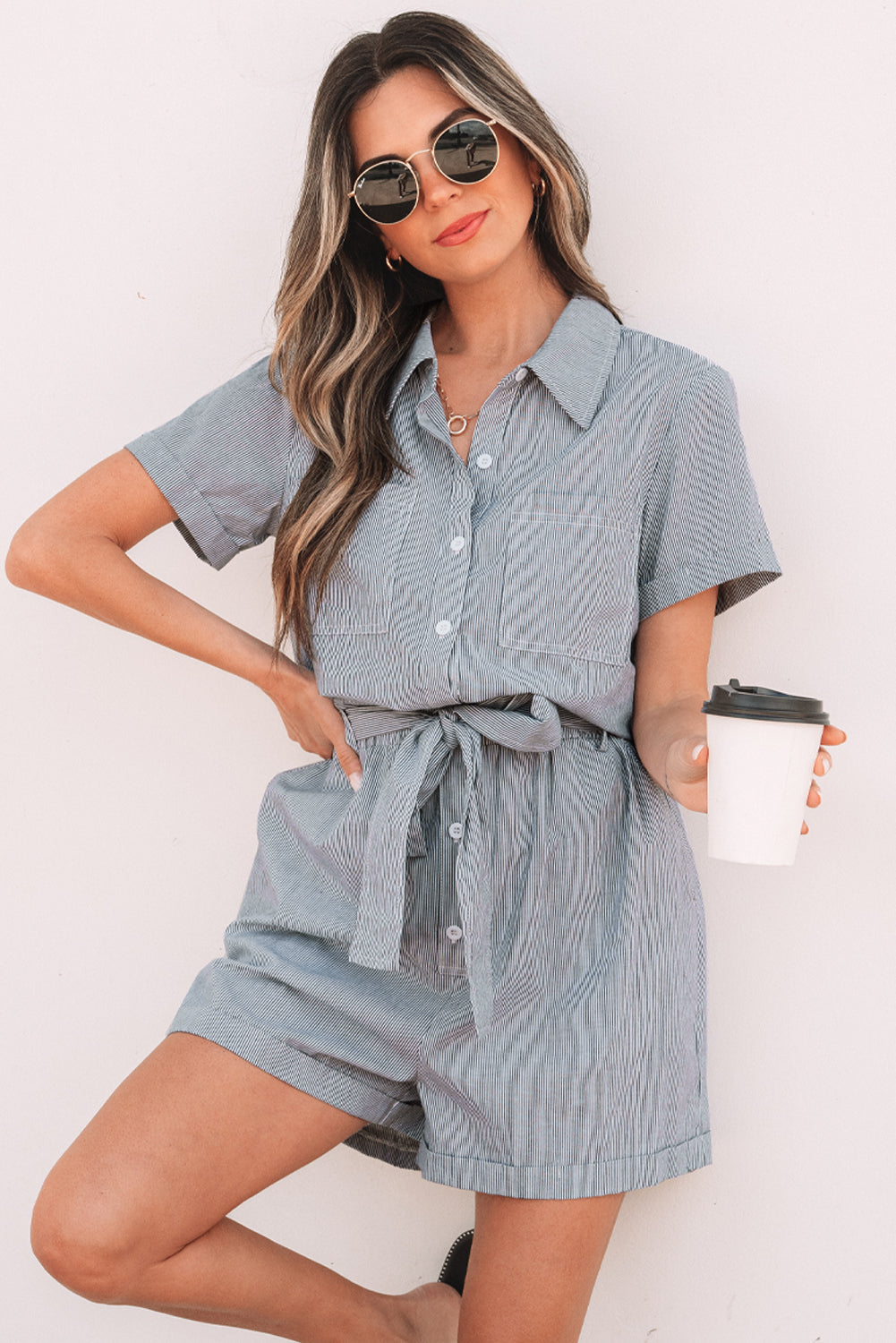 Yacht Club Pinstriped Buttoned Belted Romper