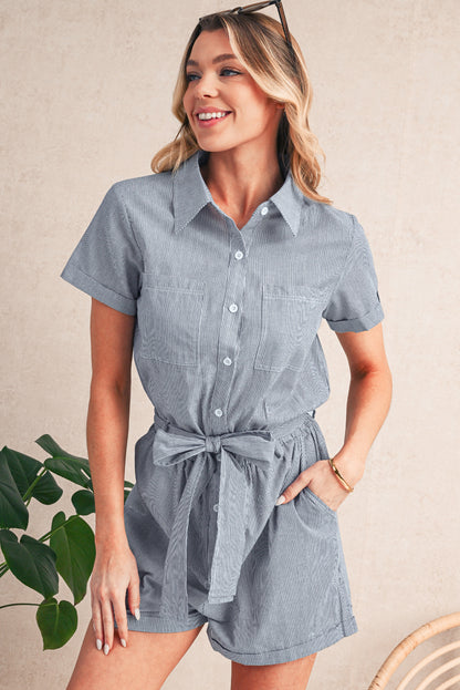 Yacht Club Striped Buttoned Belted Romper