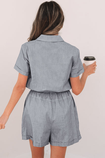 Yacht Club Pinstriped Buttoned Belted Romper