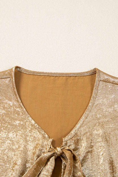 Golden Metallic Ribbon Front Baby Doll Blouse