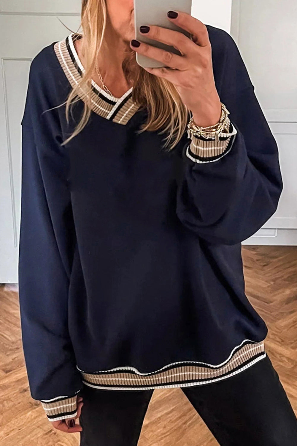 Kristen Varsity Contrast Trim V Neck Pullover