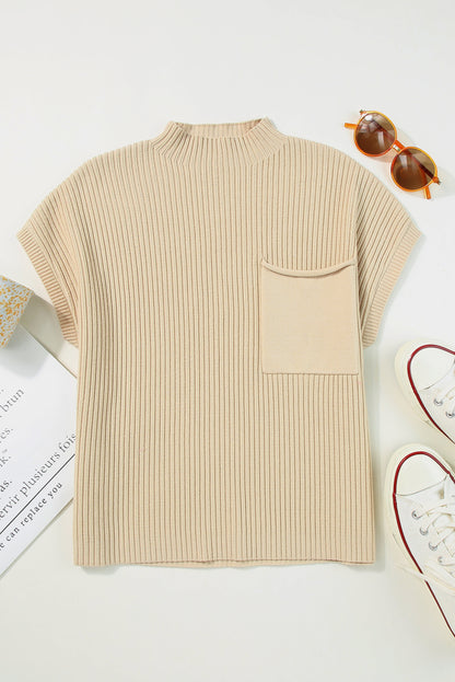 Front Patch Pocket Ribbed Knit Short Sleeve Sweater