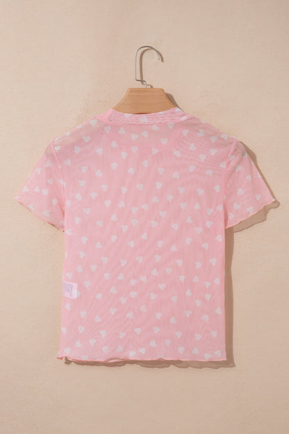 Lovely Heart Print Mesh Short Sleeve Top