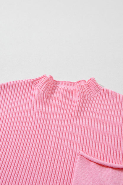 Front Patch Pocket Ribbed Knit Short Sleeve Sweater