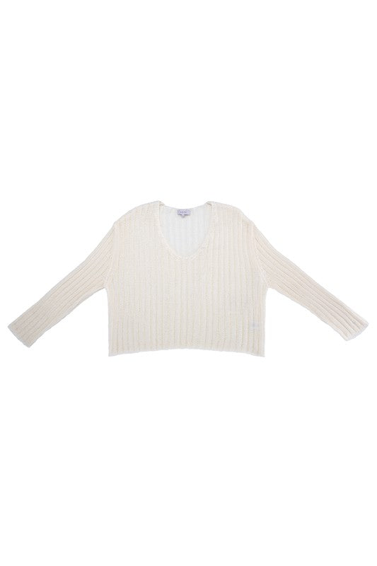 Ivory Ribbed V Neck Sweater