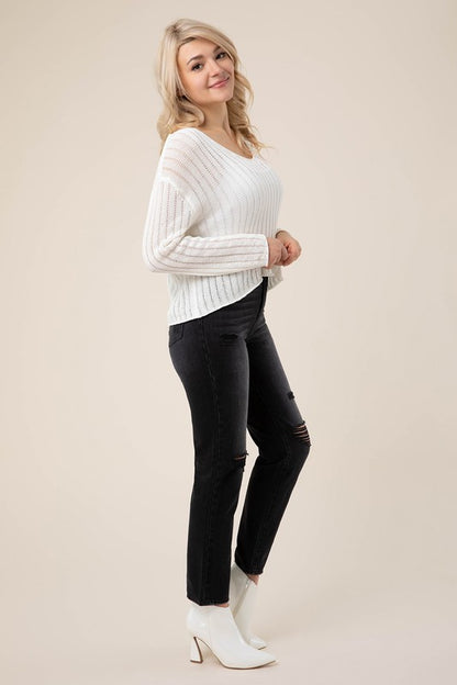 Ivory Ribbed V Neck Sweater