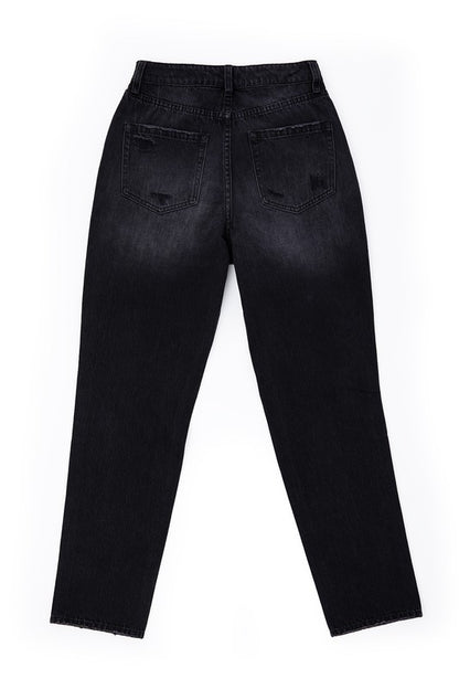 Black Distressed Straight Denim