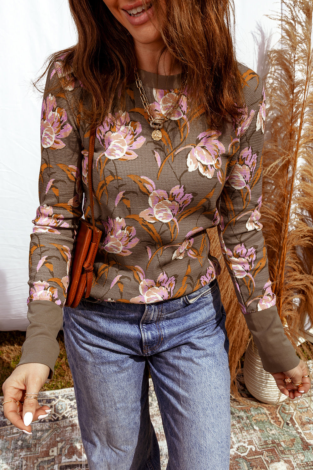 Filomena Floral Print Waffle Knit Long Sleeve Top